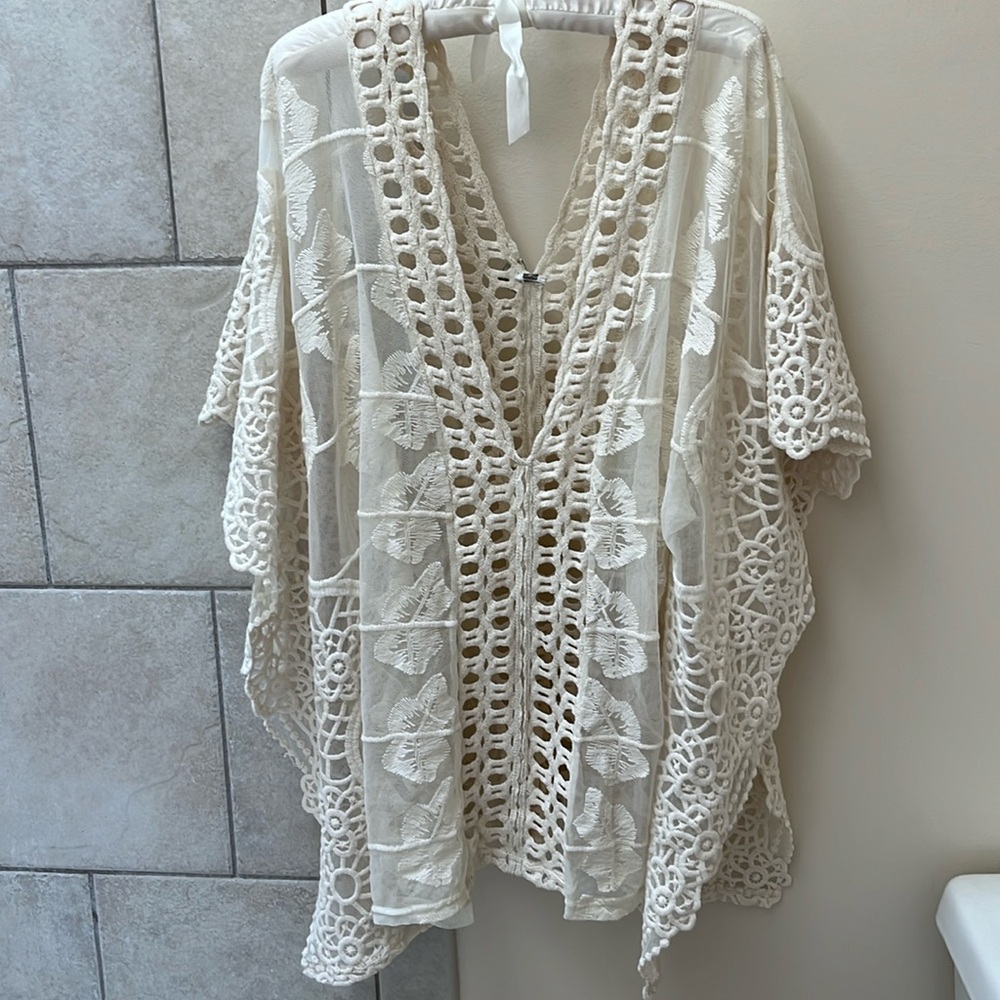 Lace and crochet cover up or short caftan, ivory colored